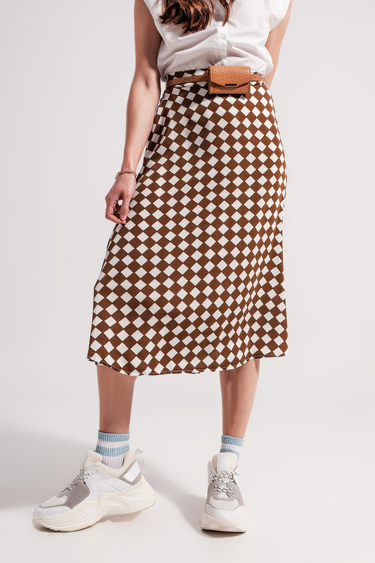 Brown Checkerboard Midi Skirt - Skirts