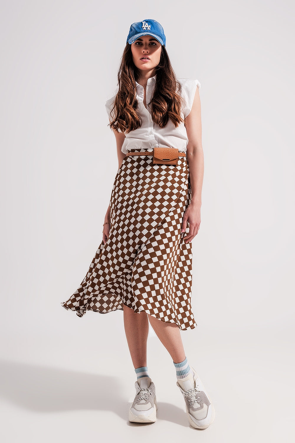 Brown Checkerboard Midi Skirt - Skirts