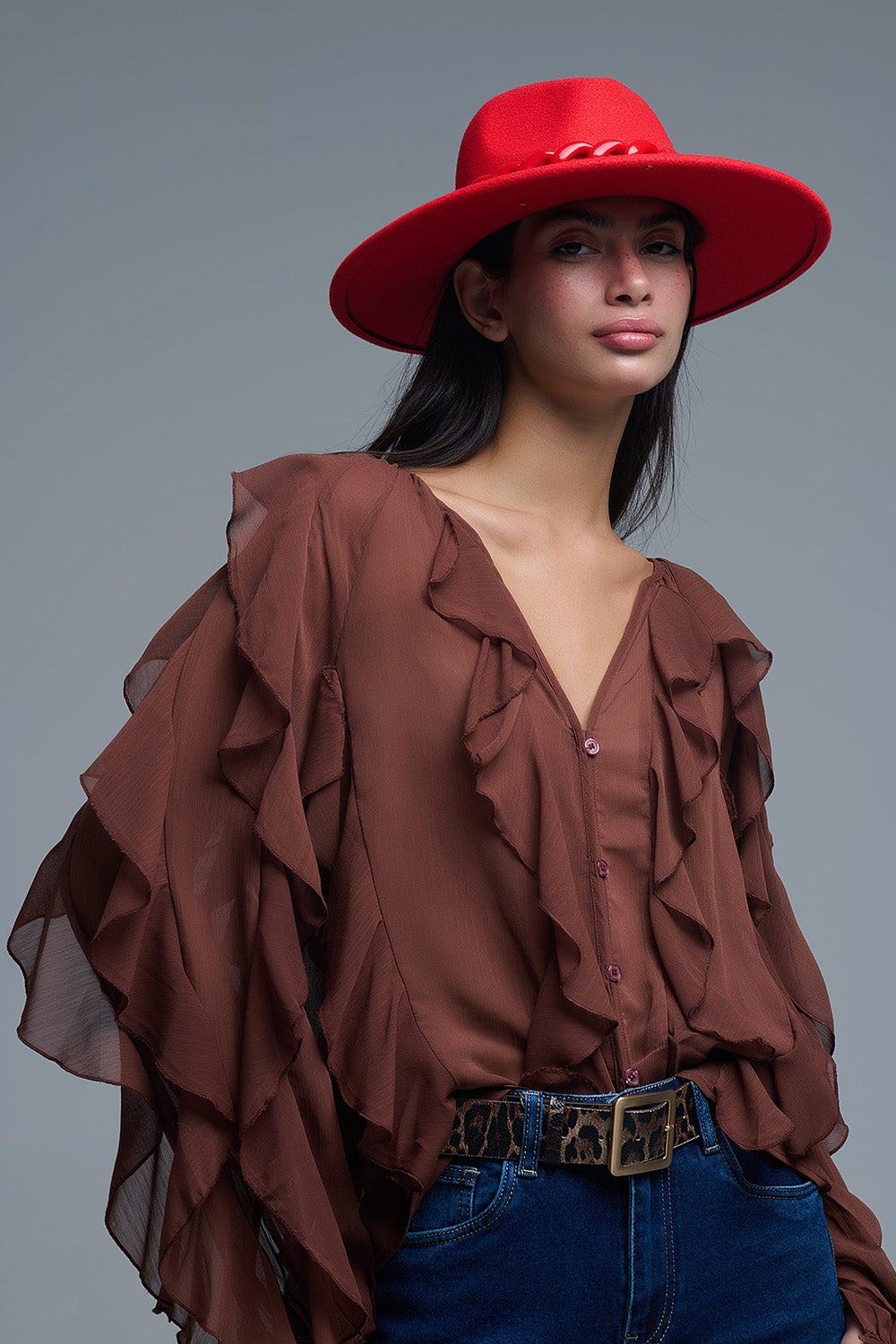Brown chiffon V-Neck All Over Ruffle Blouse - Shirts