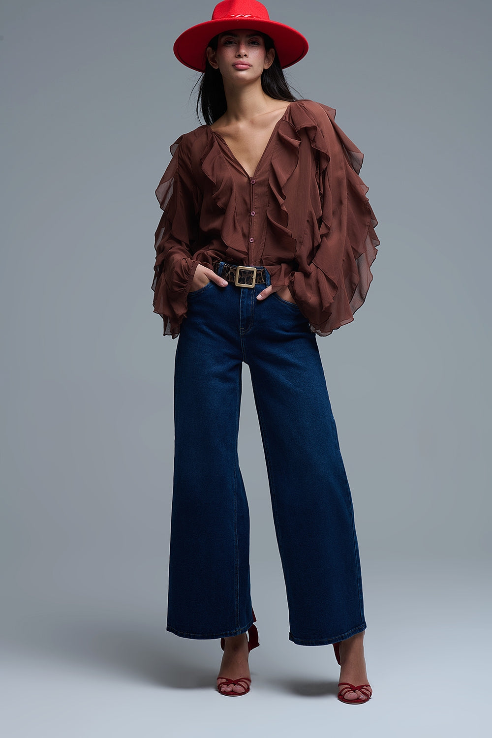 Brown chiffon V-Neck All Over Ruffle Blouse - Shirts