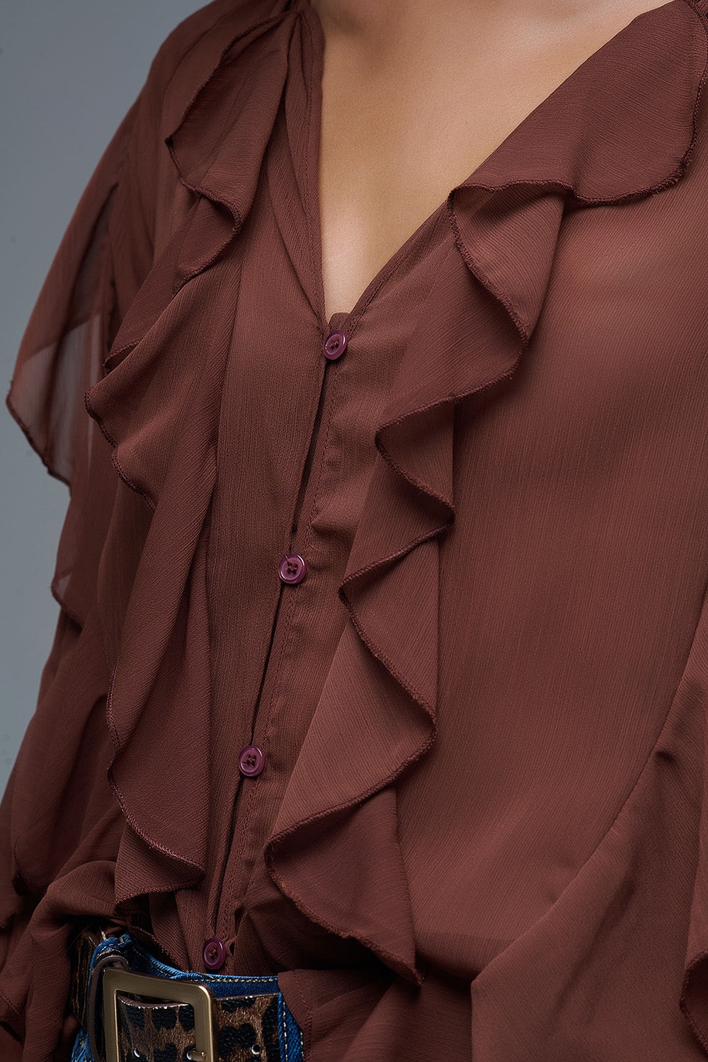 Brown chiffon V-Neck All Over Ruffle Blouse - Shirts
