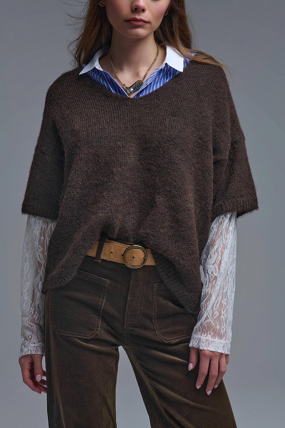 Brown Contrast V-Neck Sweater with Contrasting White lace Sleeves - Sweaters