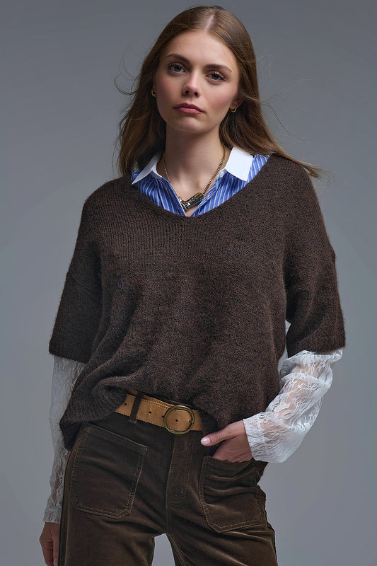 Brown Contrast V-Neck Sweater with Contrasting White lace Sleeves - Sweaters
