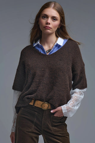 Brown Contrast V-Neck Sweater with Contrasting White lace Sleeves