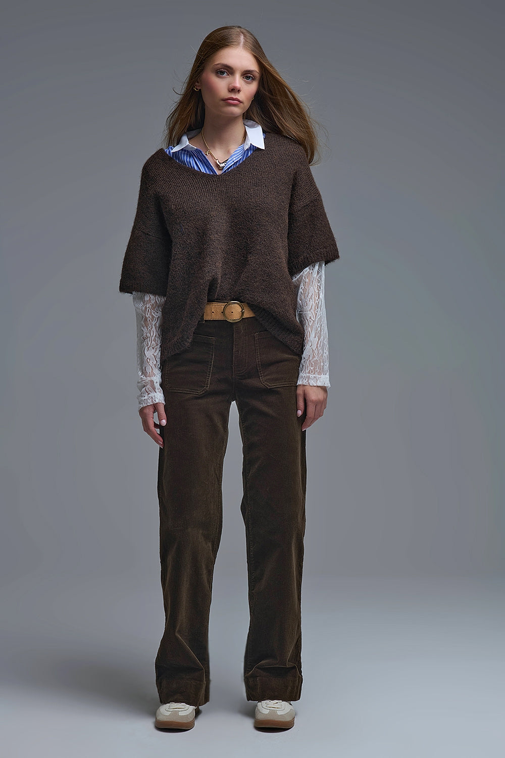 Brown Contrast V-Neck Sweater with Contrasting White lace Sleeves - Sweaters