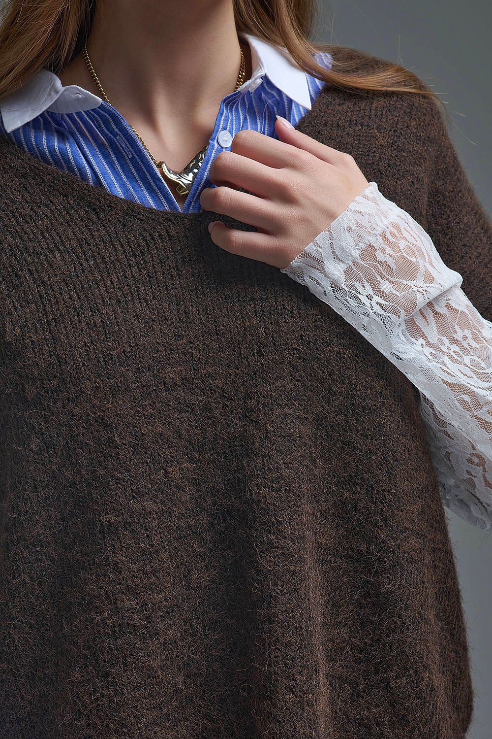 Brown Contrast V-Neck Sweater with Contrasting White lace Sleeves - Sweaters