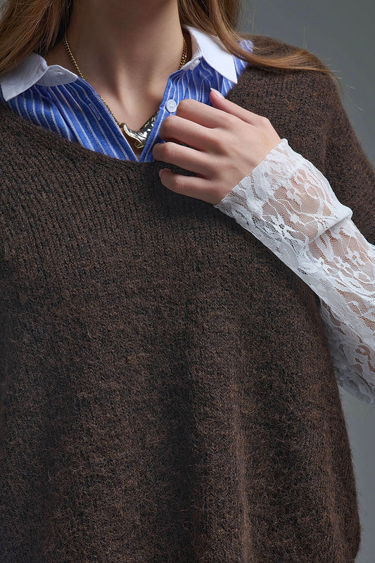 Brown Contrast V-Neck Sweater with Contrasting White lace Sleeves - Sweaters