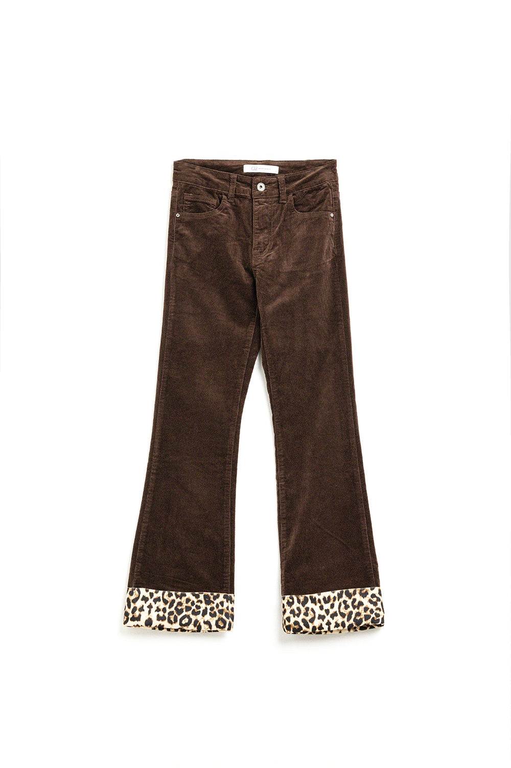 Brown corduroy flare pants with leopard print at the bottom - Trousers