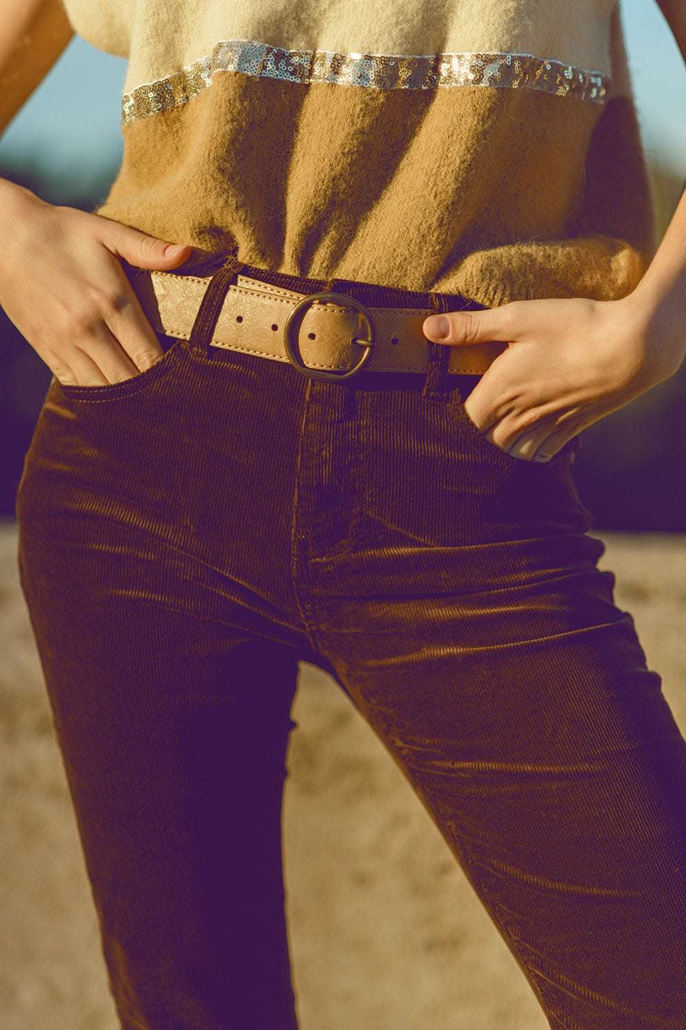 Brown corduroy flare pants with leopard print at the bottom - Trousers