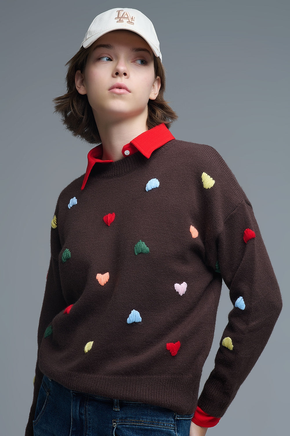 Brown Crew neck Sweater With Multicolor Embroidered Hearts - Sweaters