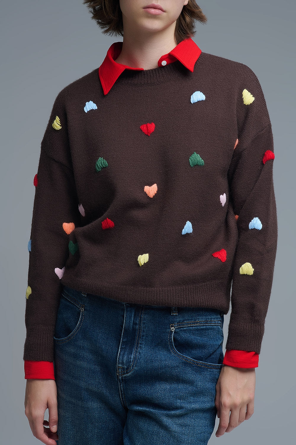 Brown Crew neck Sweater With Multicolor Embroidered Hearts - Sweaters