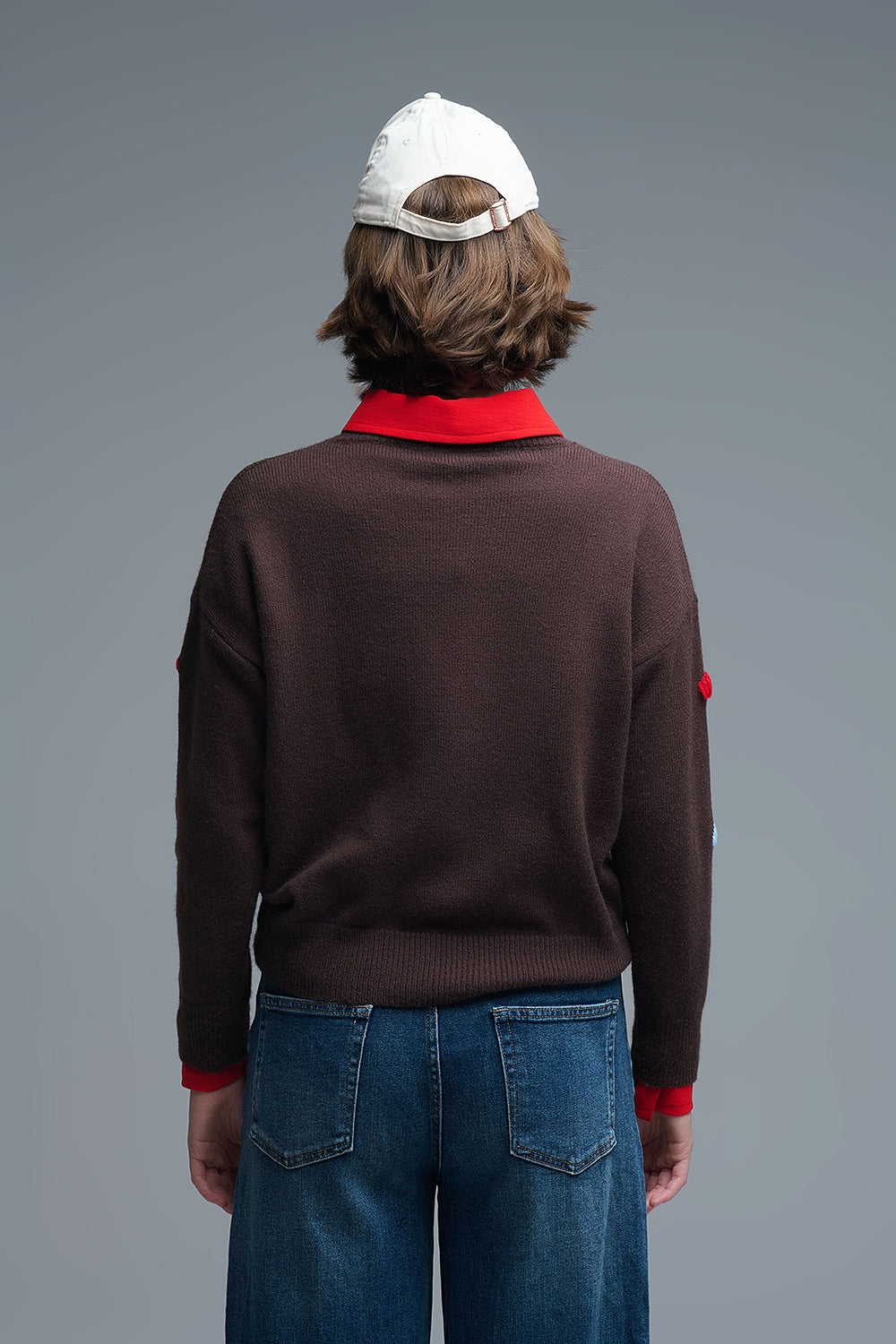 Brown Crew neck Sweater With Multicolor Embroidered Hearts - Sweaters