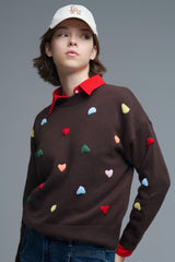 Brown Crew neck Sweater With Multicolor Embroidered Hearts