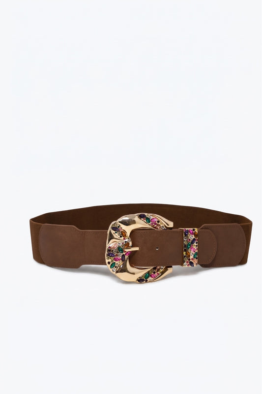 Brown Faux Leather Gold Multicolor Embellished Buckle Wide Belt - Accesory