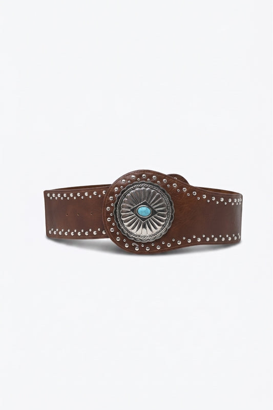 Brown Faux Leather Silver Studded Turquoise Buckle Wide Belt - Accesorios