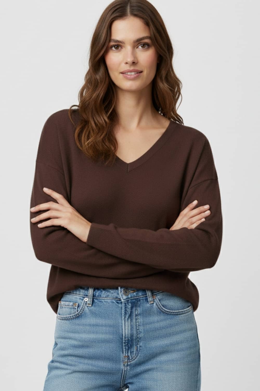 Brown Fine Knit V-Neck Sweater with Subtle Linear Texture - Sweaters
