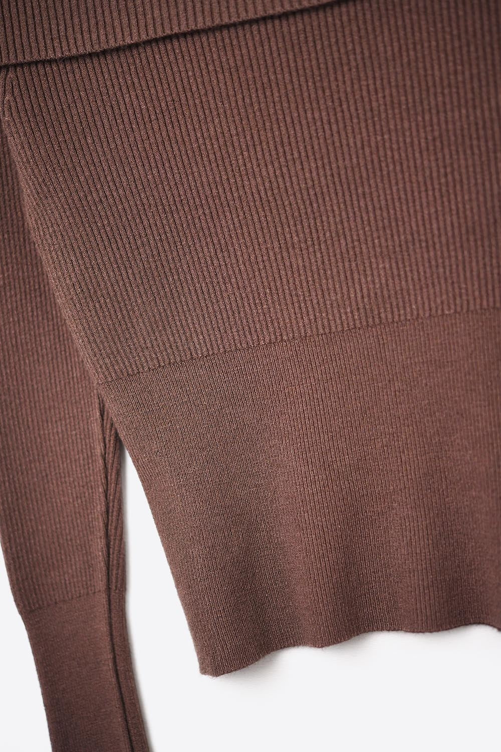 brown fine ribbed knit sweater with wide boat neck -
