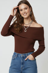 brown fine ribbed knit sweater with wide boat neck