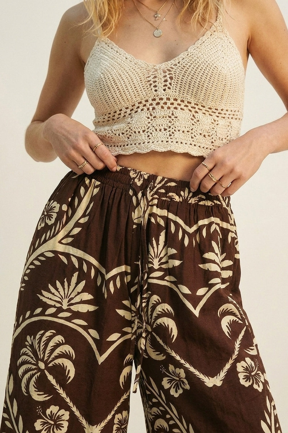Brown Floral Print Wide Leg Palazzo Pants - Pants