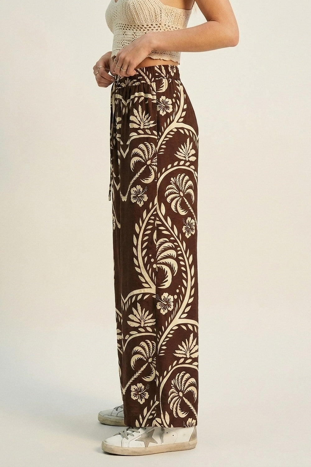 Brown Floral Print Wide Leg Palazzo Pants - Pants