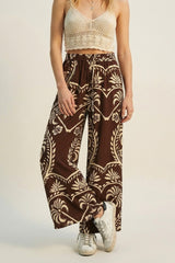 Brown Floral Print Wide Leg Palazzo Pants