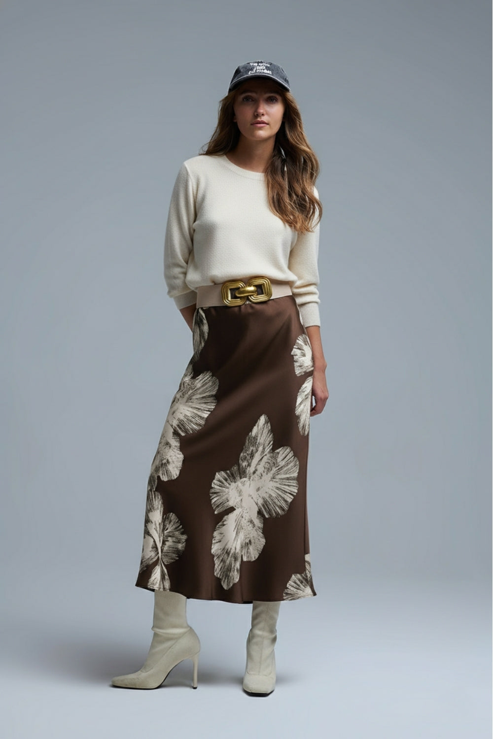Brown Floral Satin Midi Skirt in satin - Skirts