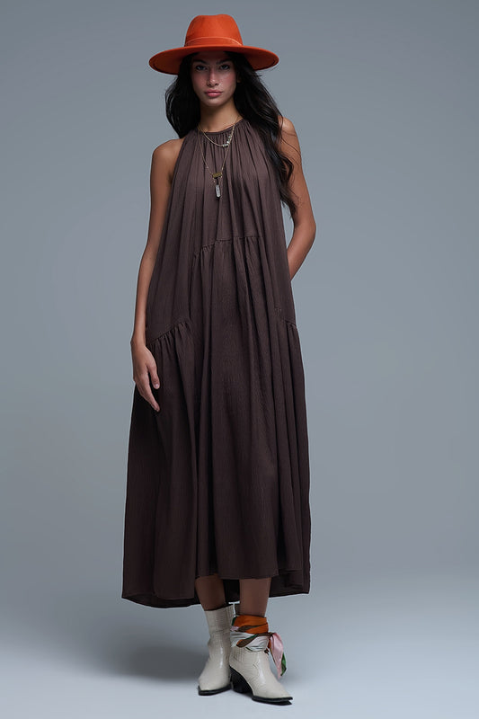 Brown Halter Neck Maxi Dress With Seam Detailing - Dresses