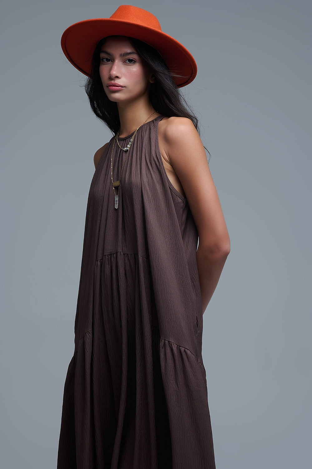 Brown Halter Neck Maxi Dress With Seam Detailing - Dresses