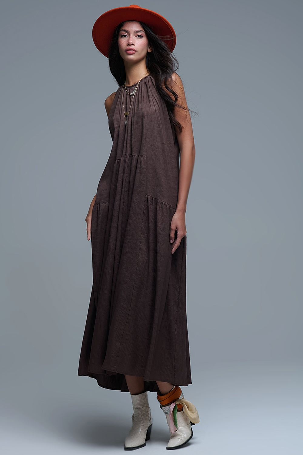 Brown Halter Neck Maxi Dress With Seam Detailing - Dresses