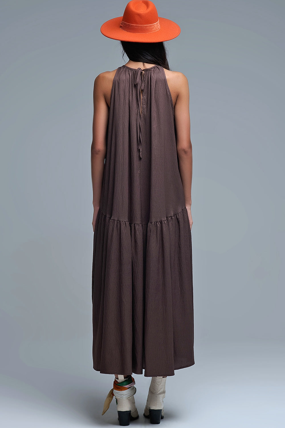 Brown Halter Neck Maxi Dress With Seam Detailing - Dresses