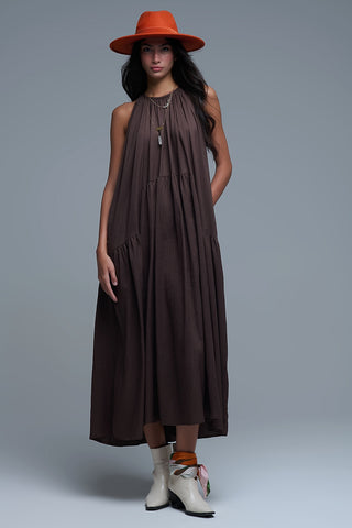Brown Halter Neck Maxi Dress With Seam Detailing