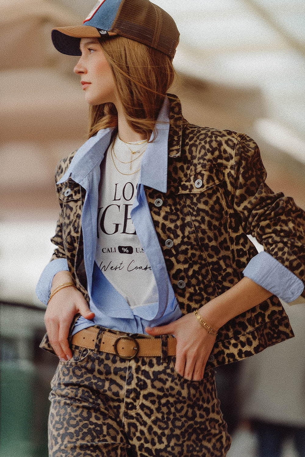 Brown Jacket with leopard Print in denim fabric - Jackets