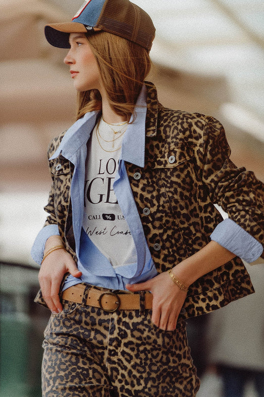 Brown Jacket with leopard Print in denim fabric - Jackets