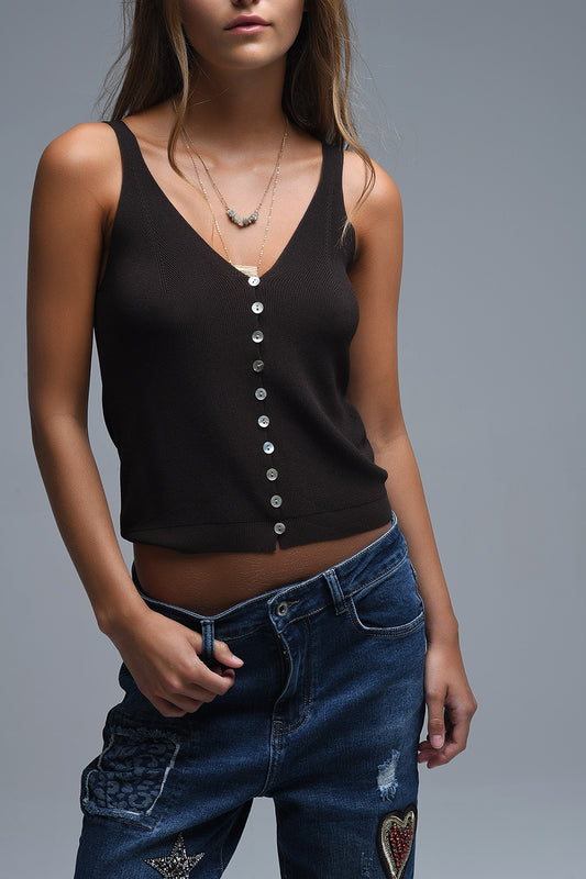 brown Knit Buttoned Crop Top - Tops