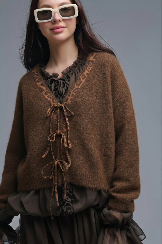 Brown knitted cardigan with leopard embroidered detail - Cardigans
