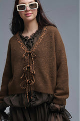 Cardigan de malha castanho com detalhe bordado de leopardo