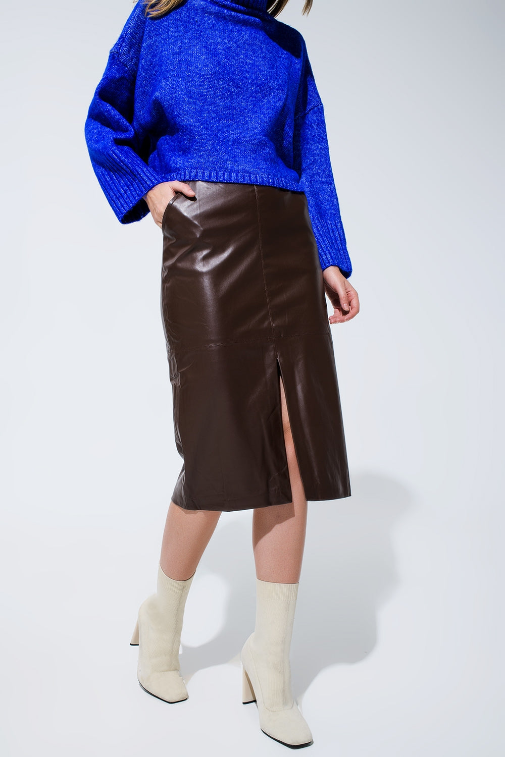 Brown leatherette pencil cut skirt - Skirts