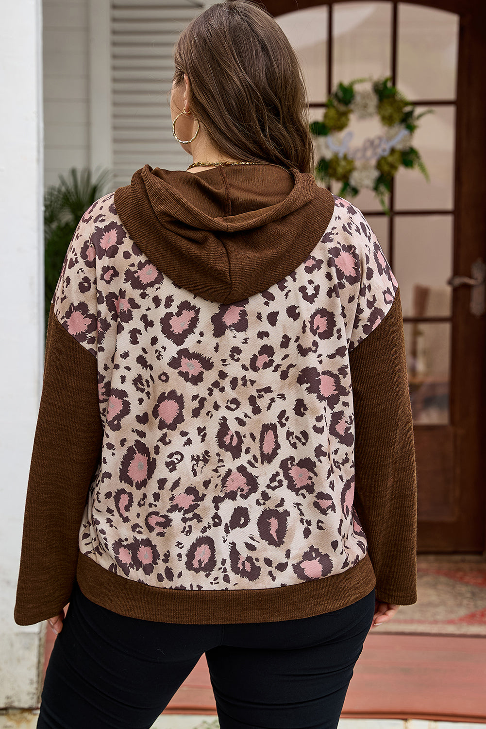 Brown Leopard Print Knit Patchwork Plus Hoodie - Plus Size/Plus Size Sweatshirts & Hoodies