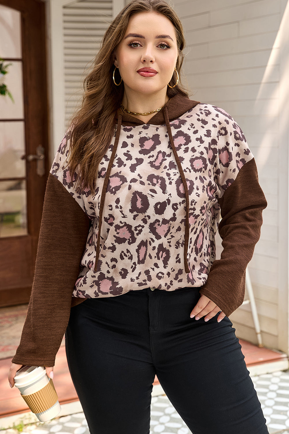 Brown Leopard Print Knit Patchwork Plus Hoodie - Plus Size/Plus Size Sweatshirts & Hoodies