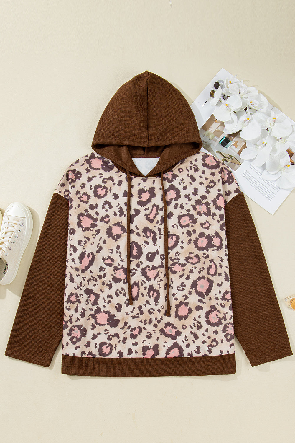 Brown Leopard Print Knit Patchwork Plus Hoodie - Plus Size/Plus Size Sweatshirts & Hoodies
