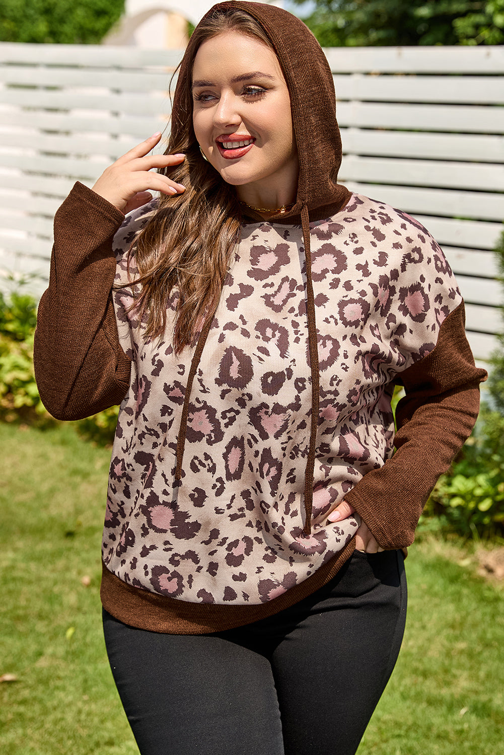 Brown Leopard Print Knit Patchwork Plus Hoodie - Plus Size/Plus Size Sweatshirts & Hoodies