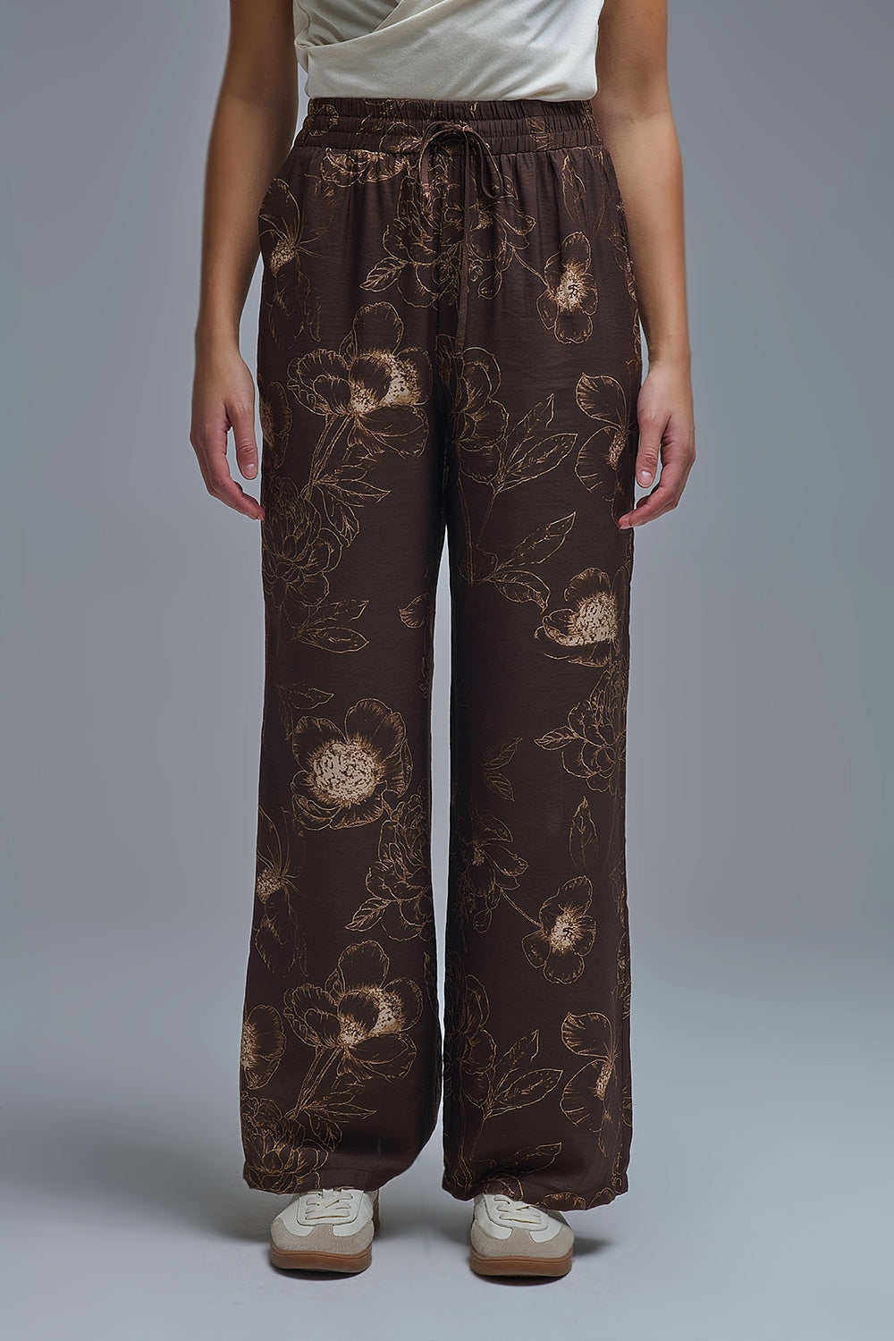Brown Light-weight Flowy Pants in Autumnal Floral Print - Pants