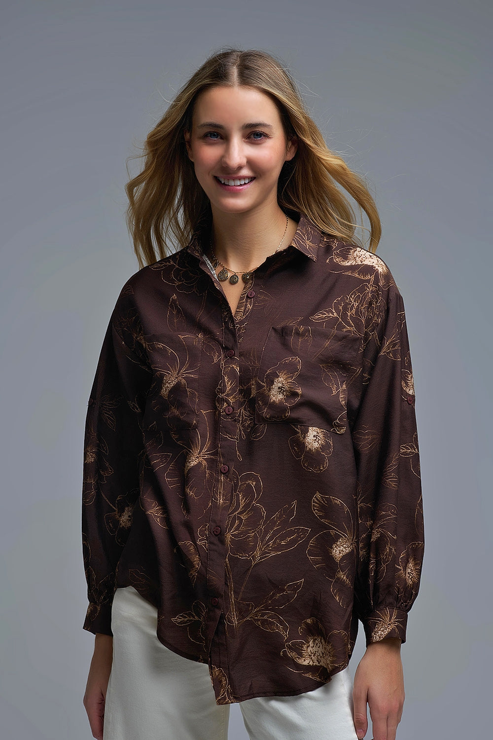 Brown Light-weight Flowy shirt in Autumnal Floral Print - Shirts