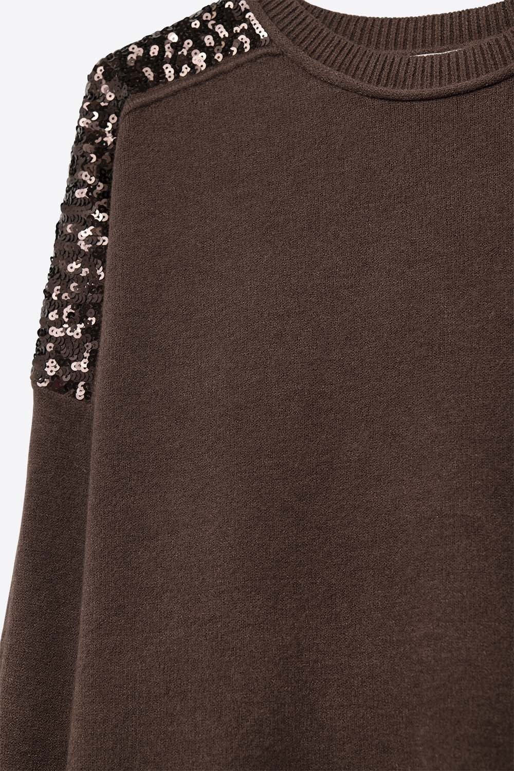 Brown Long Sleeves Sweater With Sequins on The Shoulders -