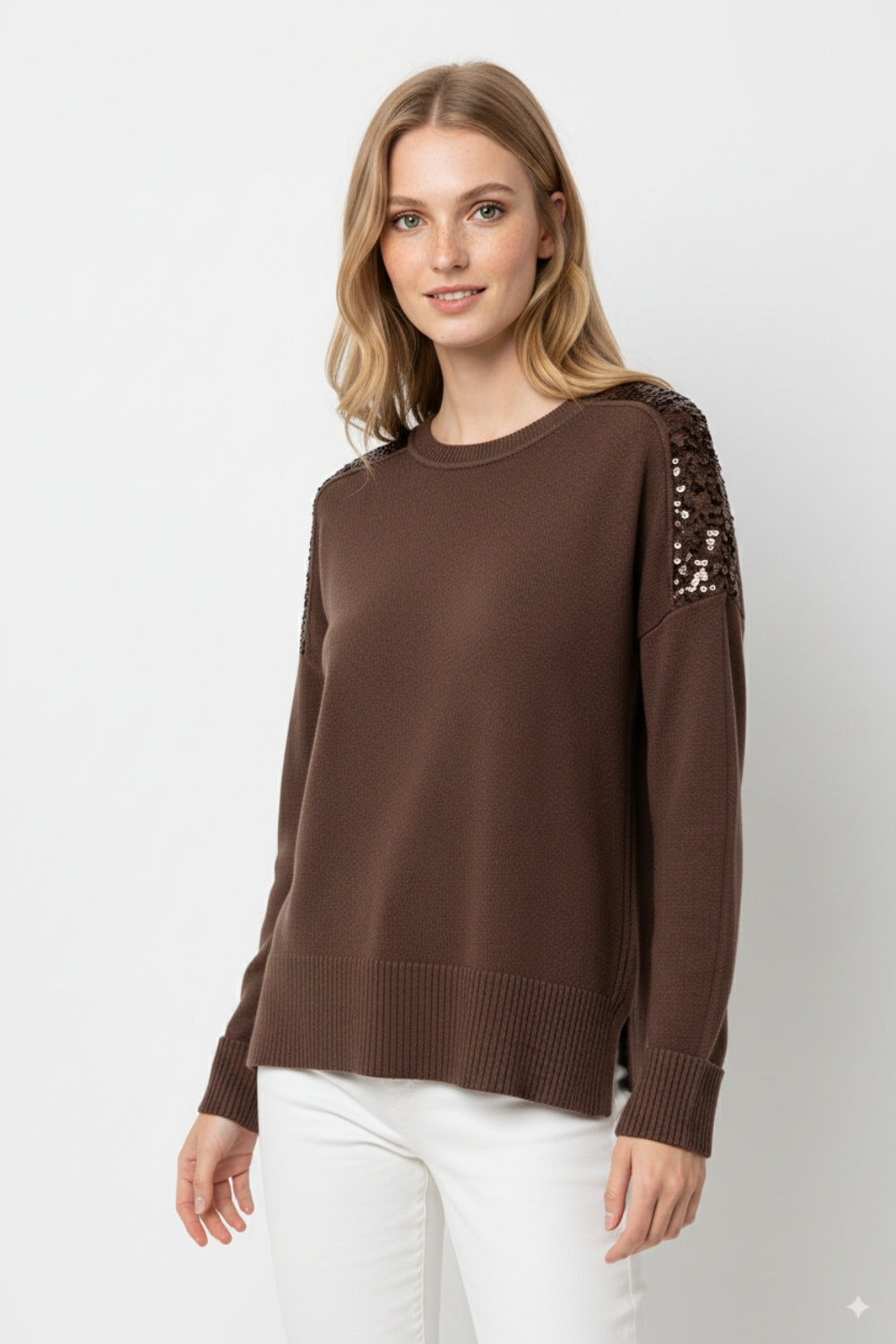 Brown Long Sleeves Sweater With Sequins on The Shoulders -