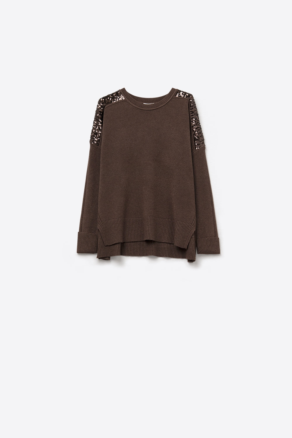 Brown Long Sleeves Sweater With Sequins on The Shoulders -