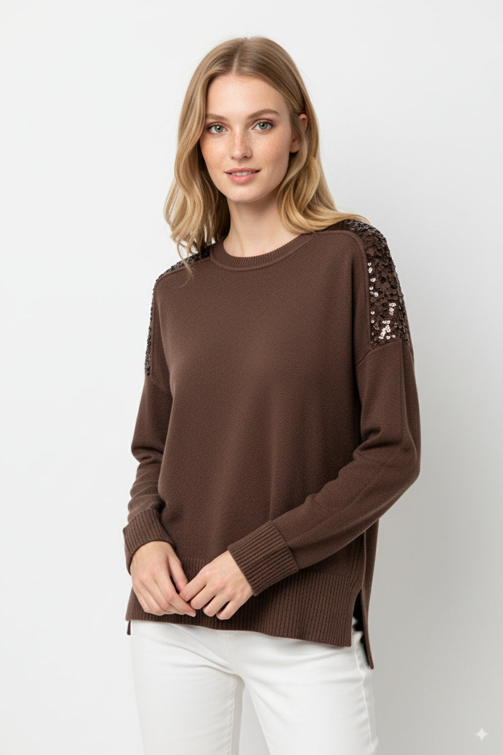 Brown Long Sleeves Sweater With Sequins on The Shoulders -