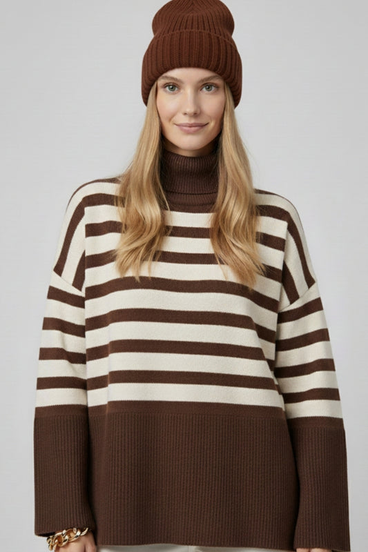 Brown oversized turtleneck sweater with white stripes and splits on the side -