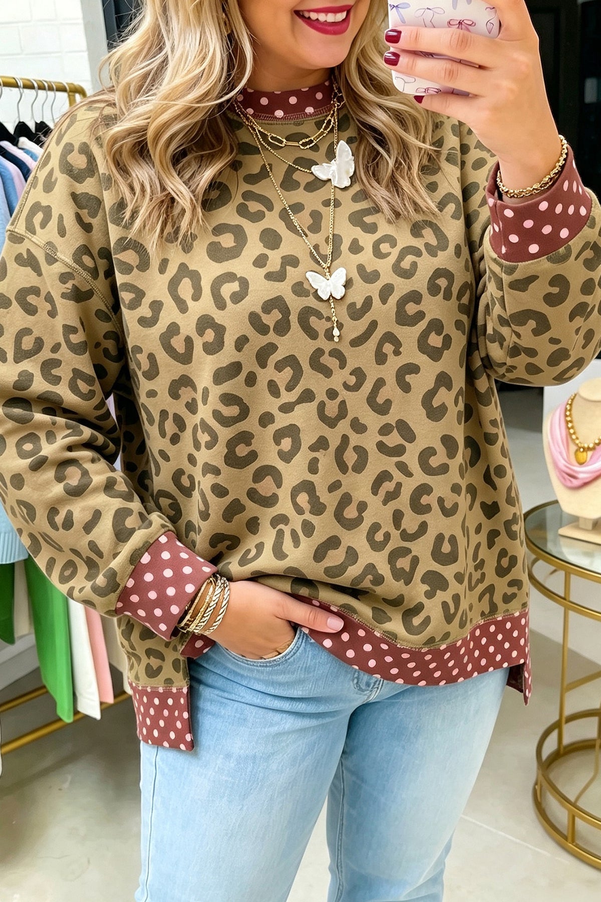 Brown Plus Size Leopard Print Contrast Polka Dot Trim Long Sleeve Top Brown - Plus Size/Plus Size Tops/Plus Size Long Sleeve Tops