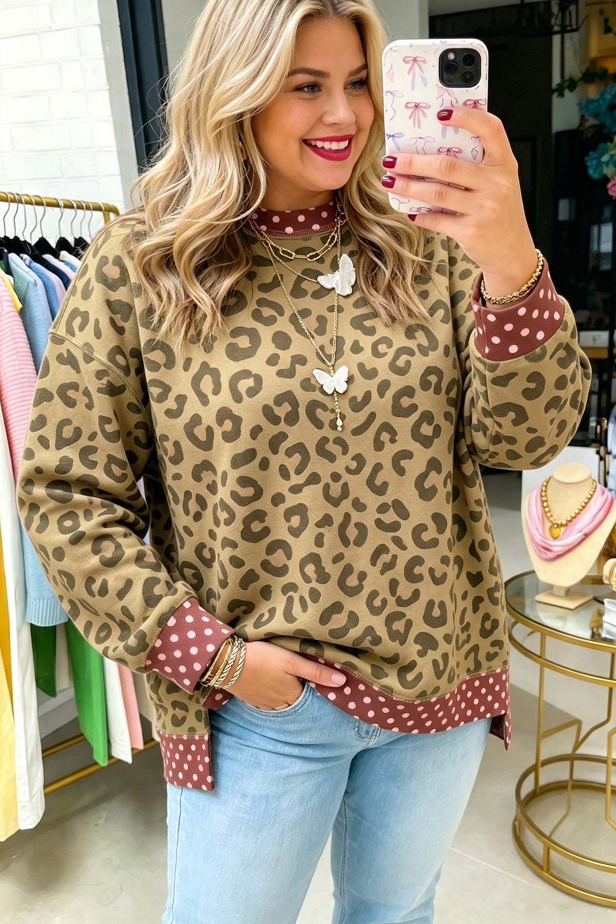Brown Plus Size Leopard Print Contrast Polka Dot Trim Long Sleeve Top - Plus Size/Plus Size Tops/Plus Size Long Sleeve Tops